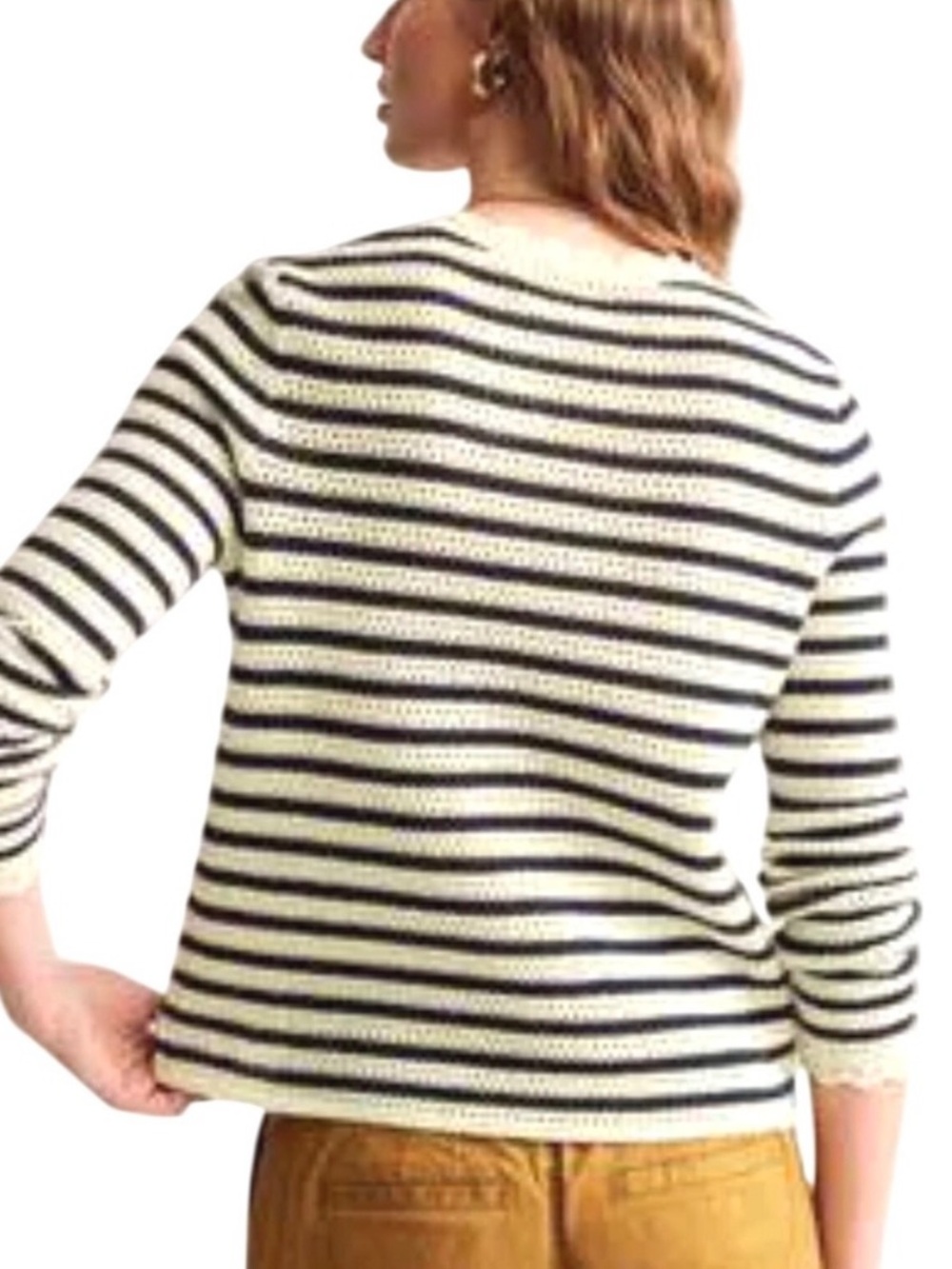 Boden 100% Cotton Scallop Neck Crochet Navy Cream Long Sleeve Knit Sweater - Picture 9 of 17